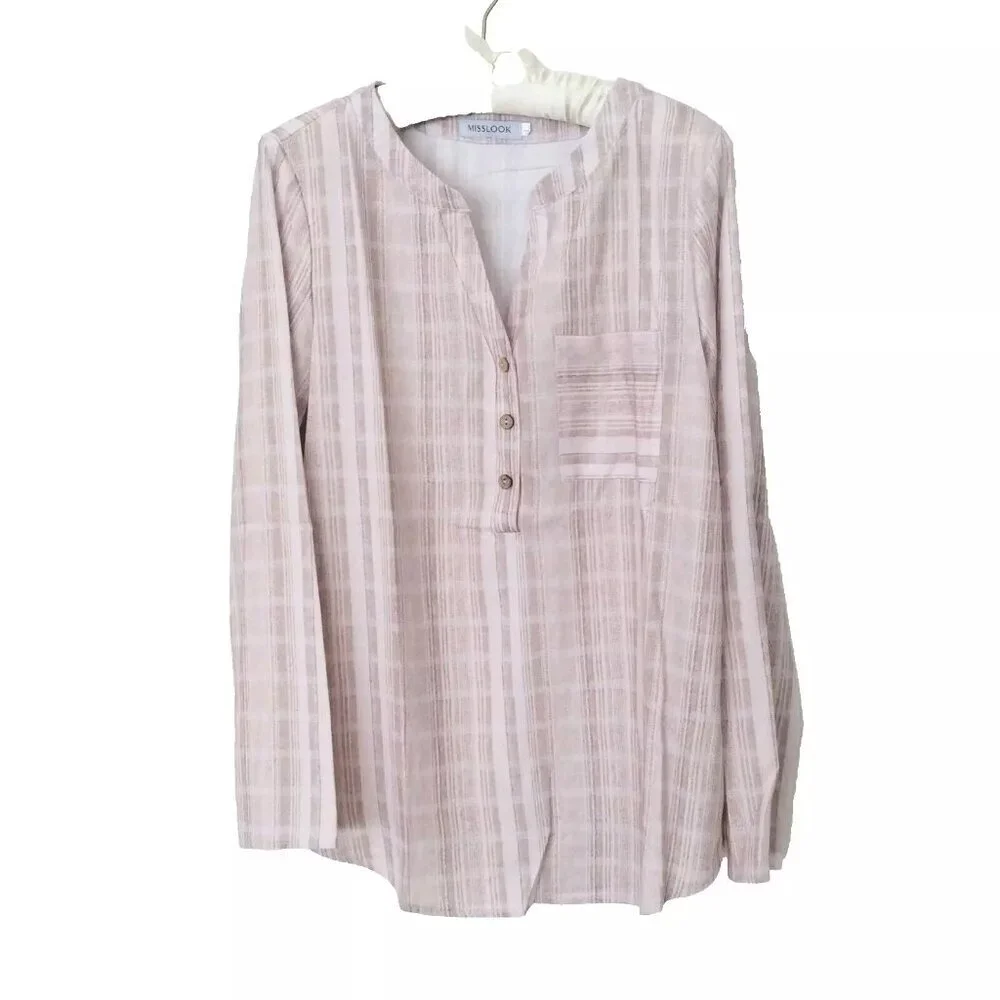 Misslook Beige Striped Cotton Blouse Tunic Top Size Large NWOT